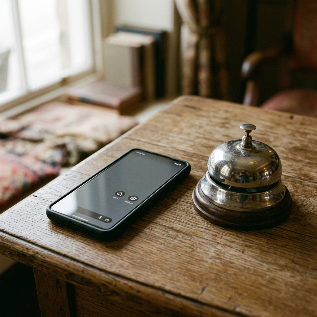 Fotografía realista de un smartphone con pantalla minimalista vacía junto a un timbre de conserje clásico de hotel en una mesa de madera