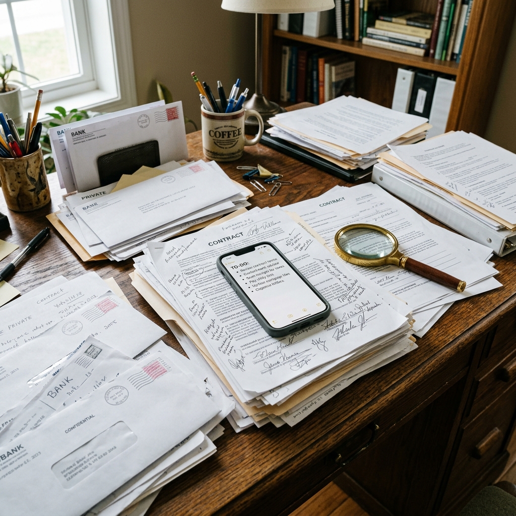 Escritorio con contratos en papel y un móvil mostrando un resumen claro