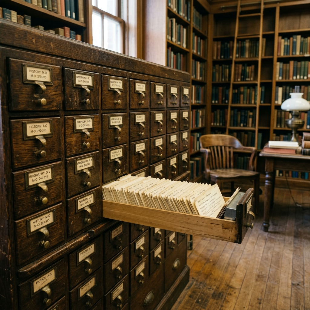 Ilustración de una biblioteca digital organizada con datos brillantes