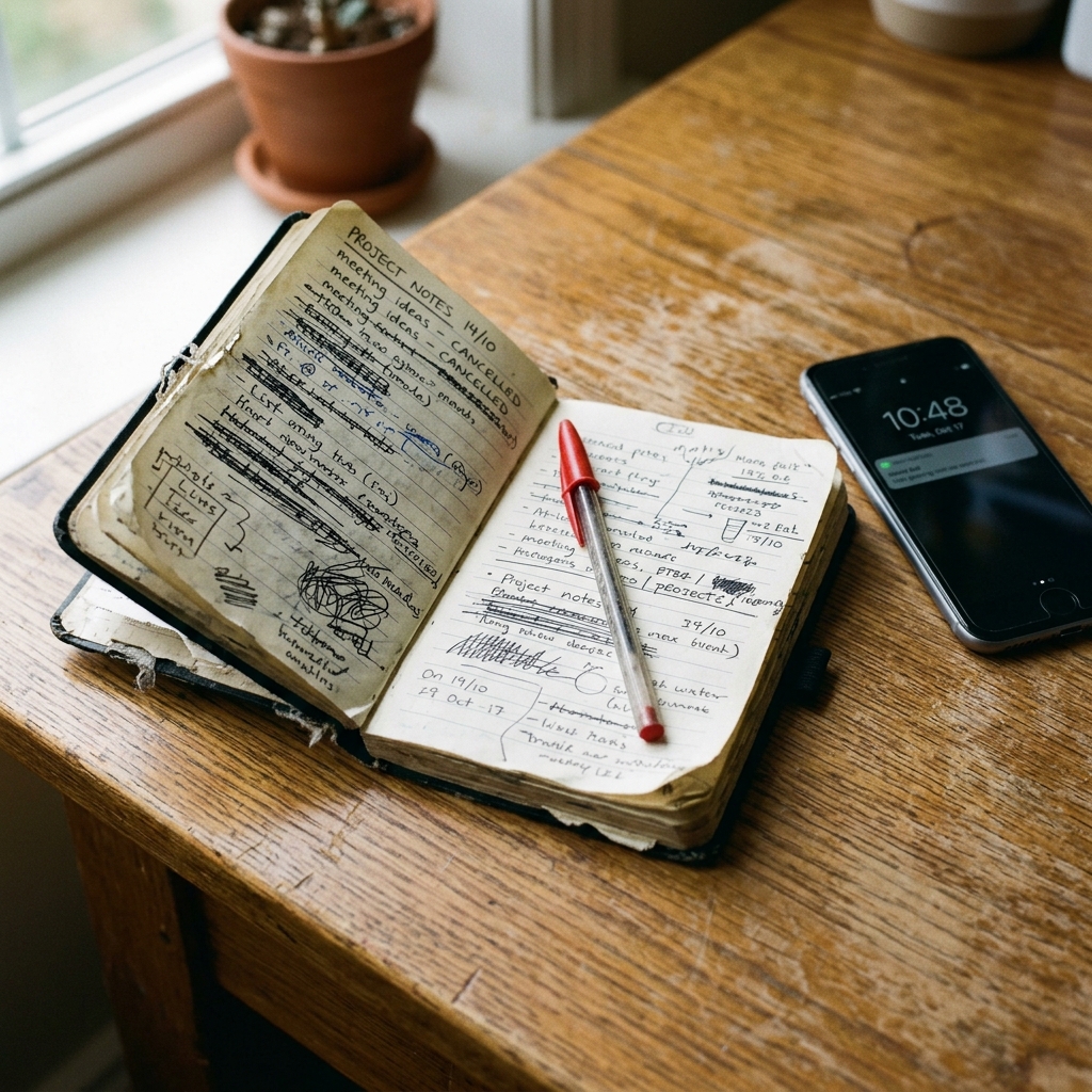 Fotografía realista de una libreta negra desgastada con texto tachado, un bolígrafo rojo y un teléfono inteligente sobre un escritorio de madera