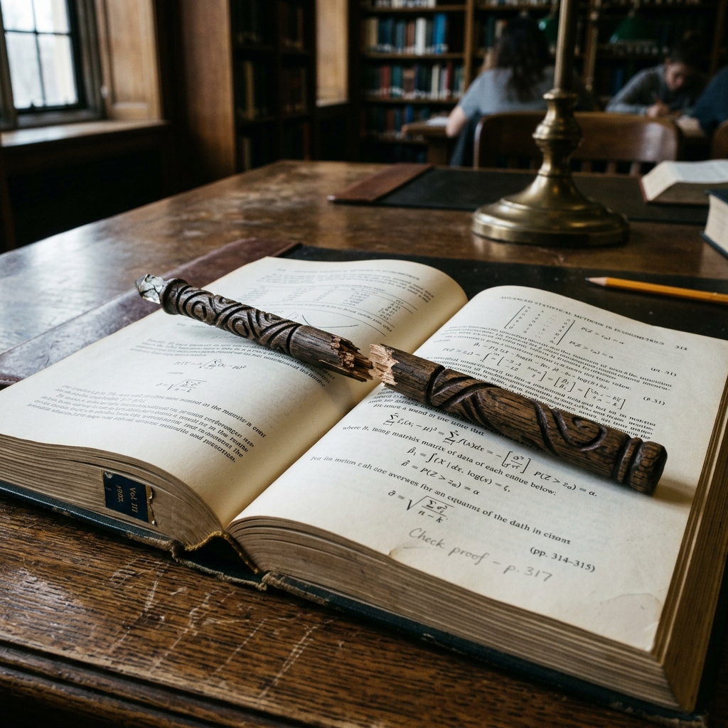 Fotografía de una varita mágica rota por la mitad sobre un libro abierto lleno de fórmulas de estadística, simbolizando que la IA es matemáticas y no magia