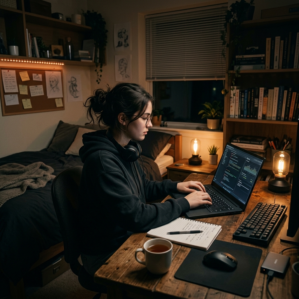 Estudiante trabajando en su portátil en una habitación acogedora y con iluminación cálida, representando la privacidad y la IA local