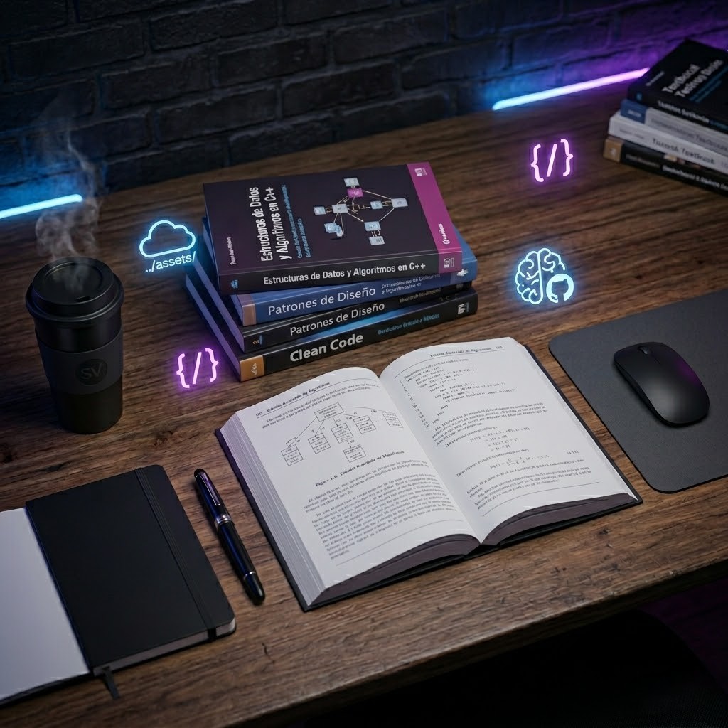 Escritorio moderno de estudiante con portátil, código en pantalla, café y libretas con estética neón