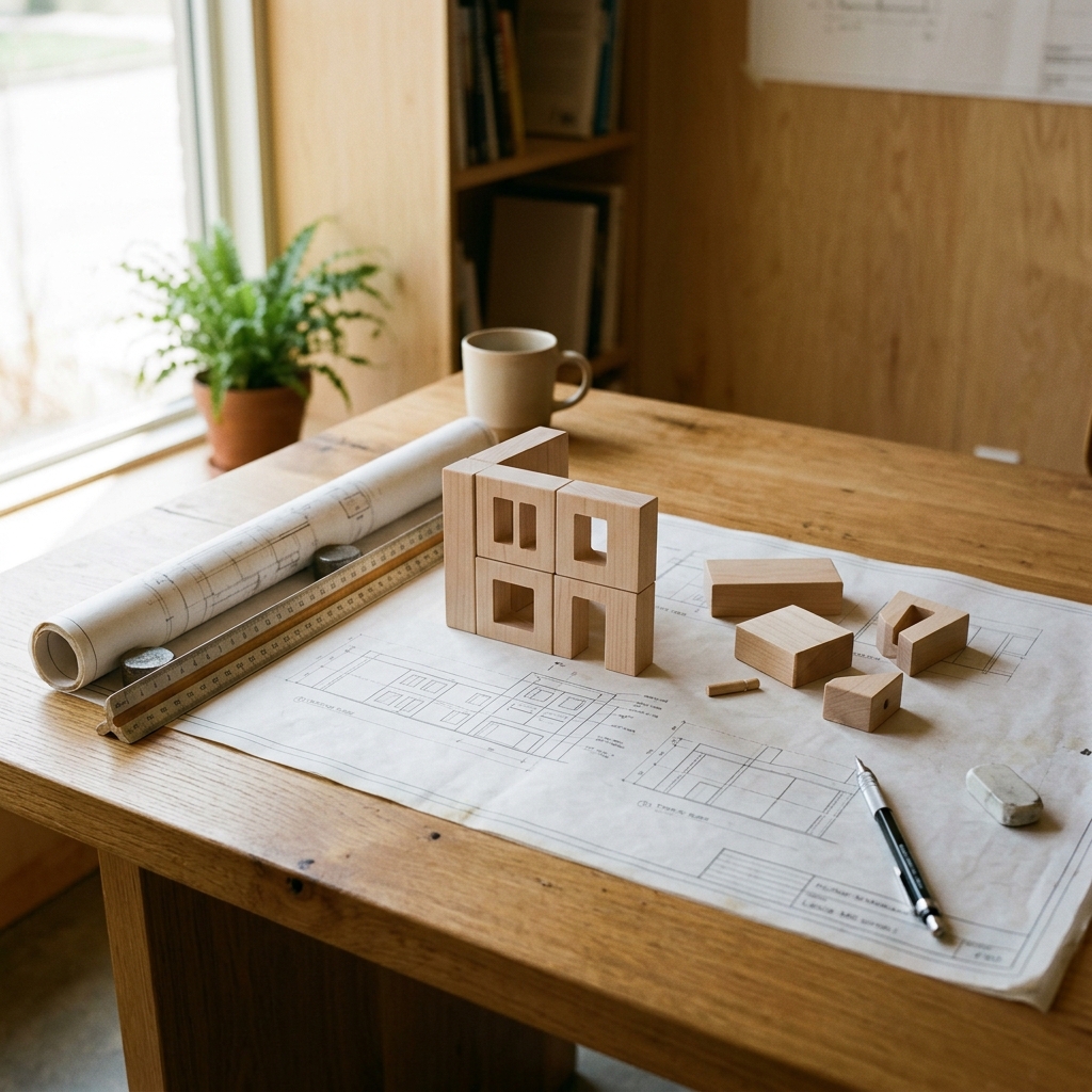 Fotografía realista de un escritorio minimalista con planos de arquitectura y bloques modulares de madera