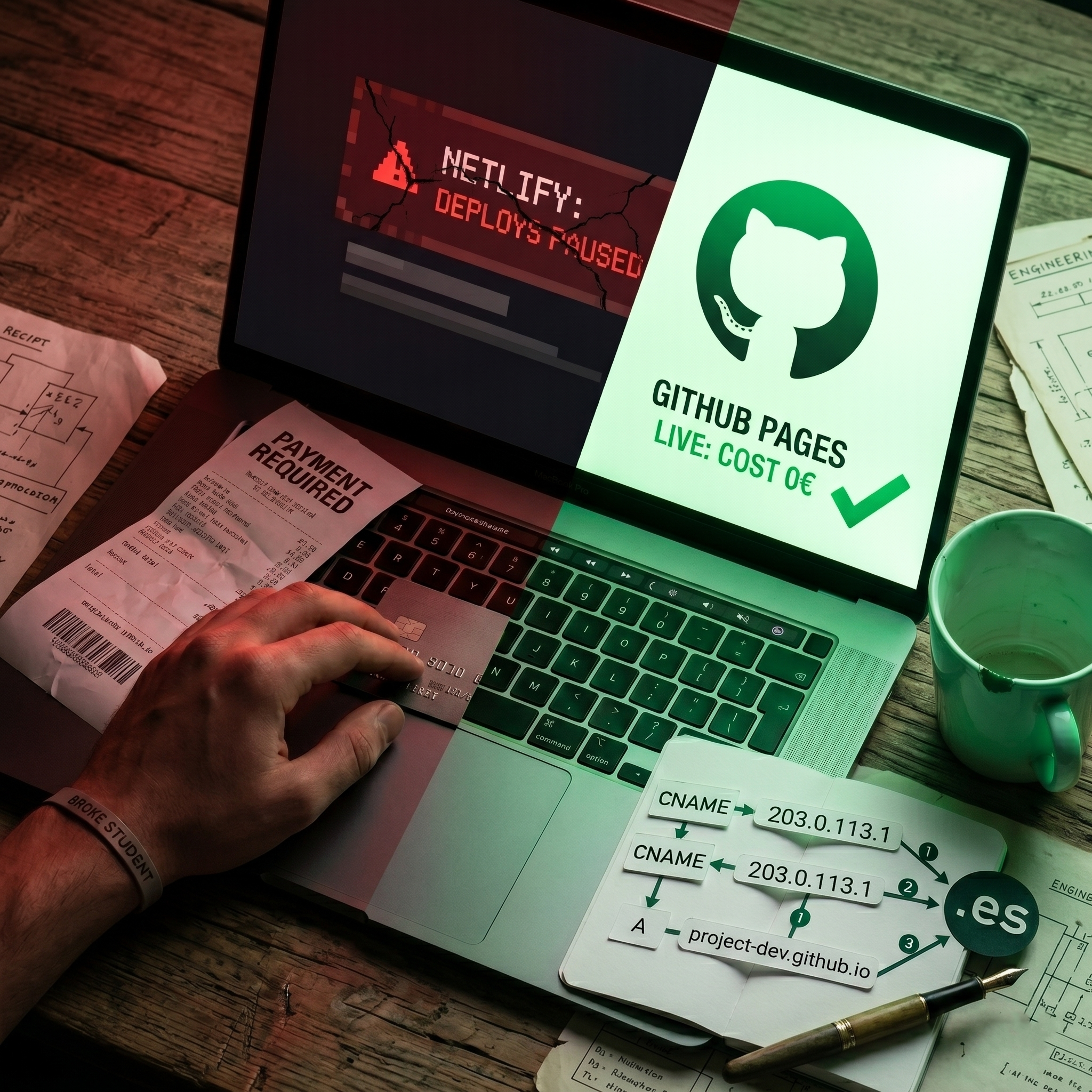 Mano con tarjeta de crédito frente a portátil con logo de GitHub Pages