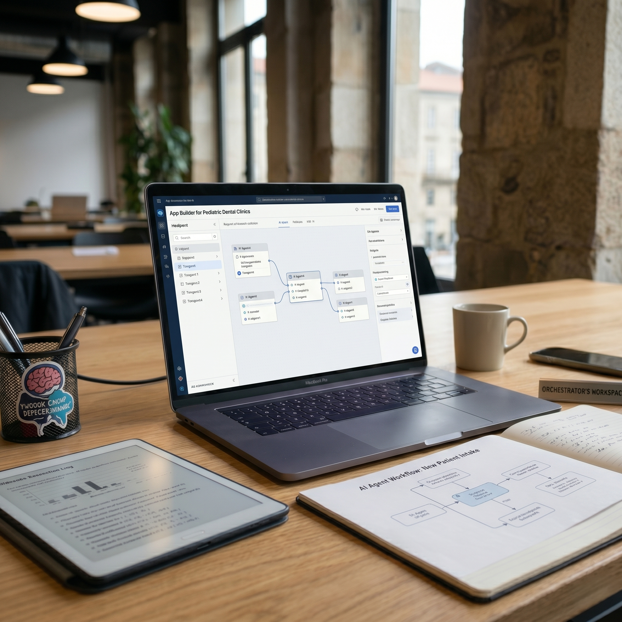 Fotografía realista de un joven estudiante trabajando con su portátil y cuadernos en una cafetería, planificando su primer software