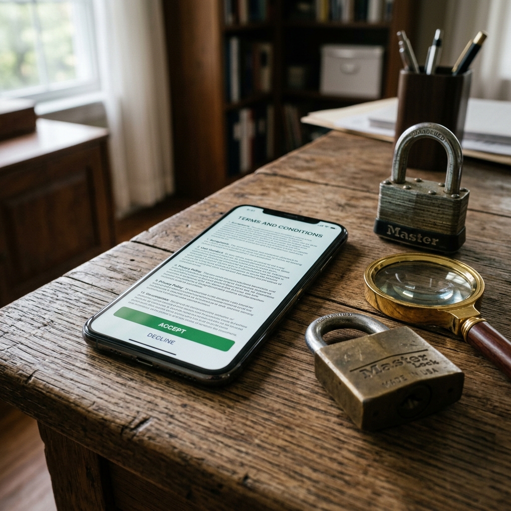 Smartphone mostrando términos y condiciones de privacidad junto a un candado