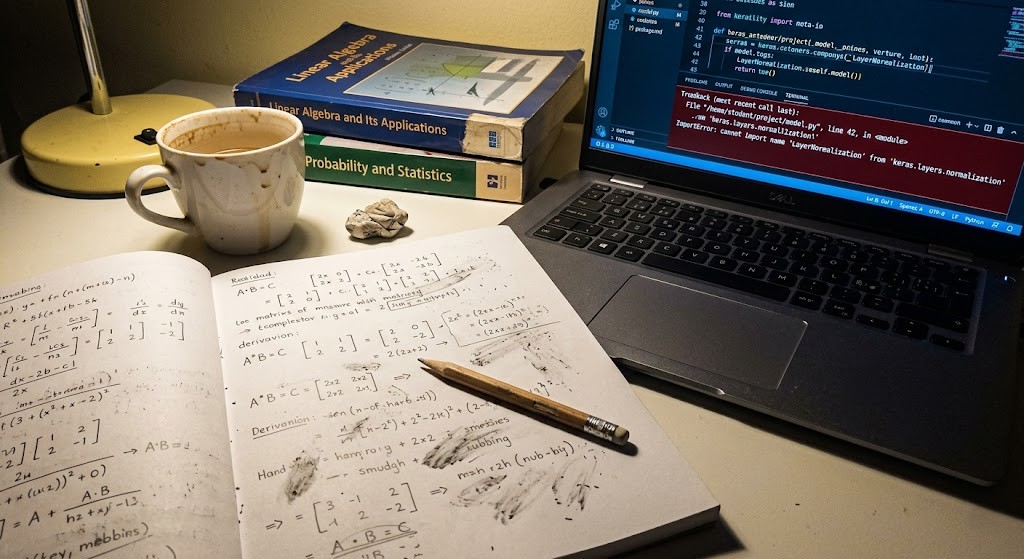 Escritorio desordenado de estudiante universitario en época de exámenes, apuntes llenos de fórmulas matemáticas y un portátil con código que da error