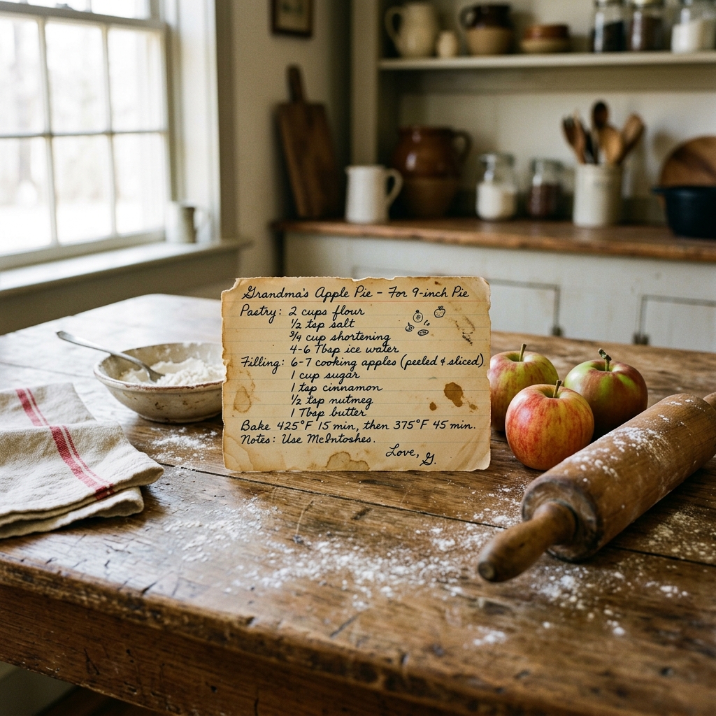 Fotografía realista de una mesa de madera rústica con una tarjeta de receta escrita a mano, manzanas frescas, un rodillo y harina