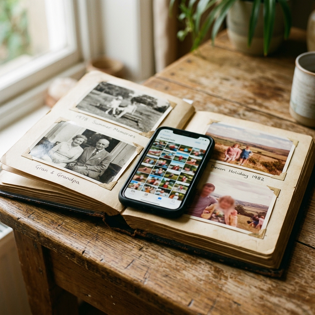 Fotografía realista de un álbum de fotos antiguo abierto sobre una mesa de madera, con un smartphone encima mostrando una cuadrícula borrosa de imágenes en su pantalla