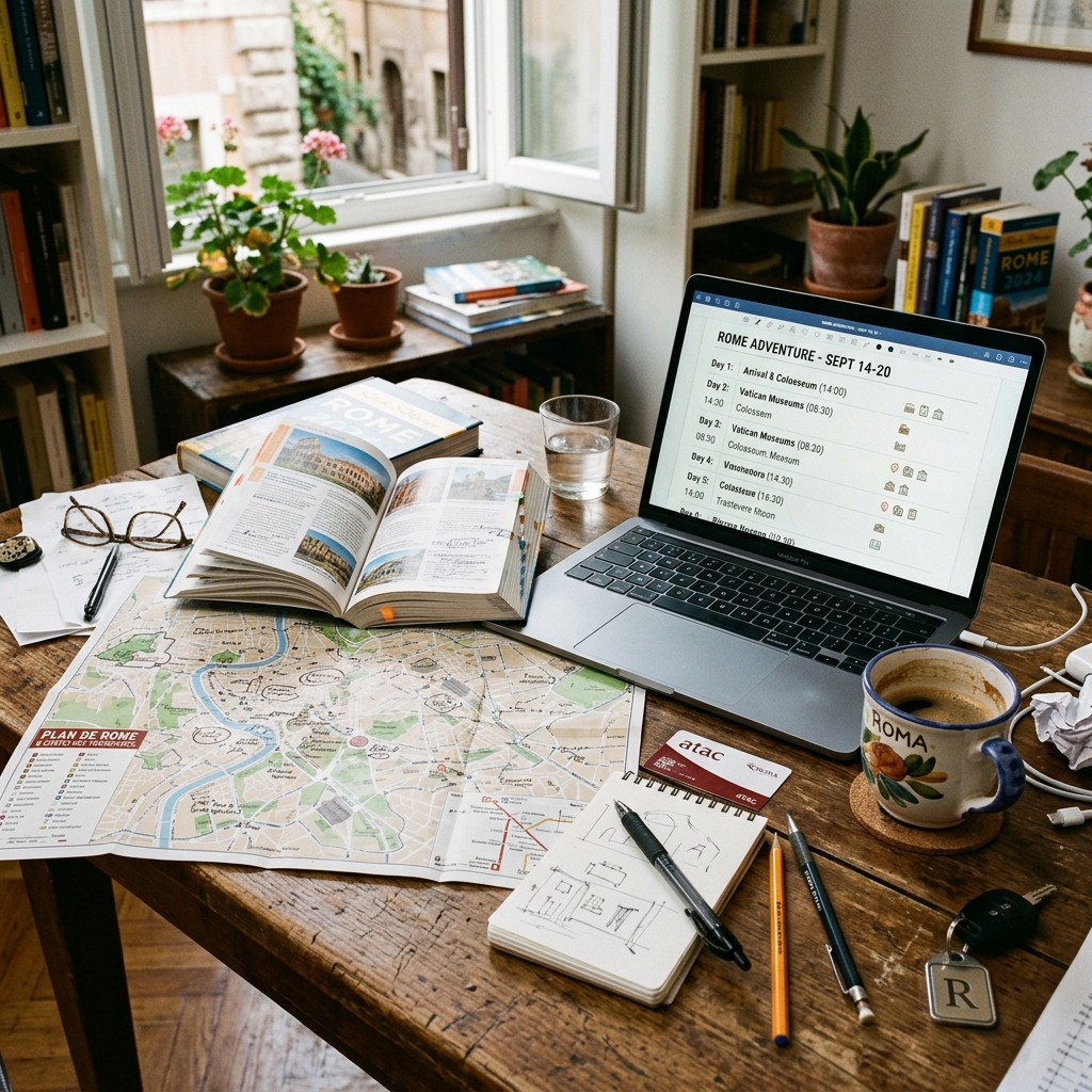 Escritorio con mapa, guía de viajes y portátil organizando un itinerario
